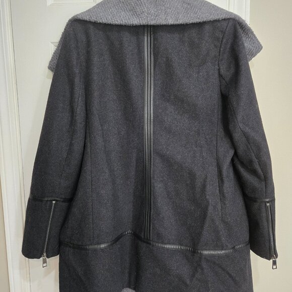 Guess-Y2K_ Black wool blend Leather Trim Zip Up winter peacoat_Large - Picture 6 of 6